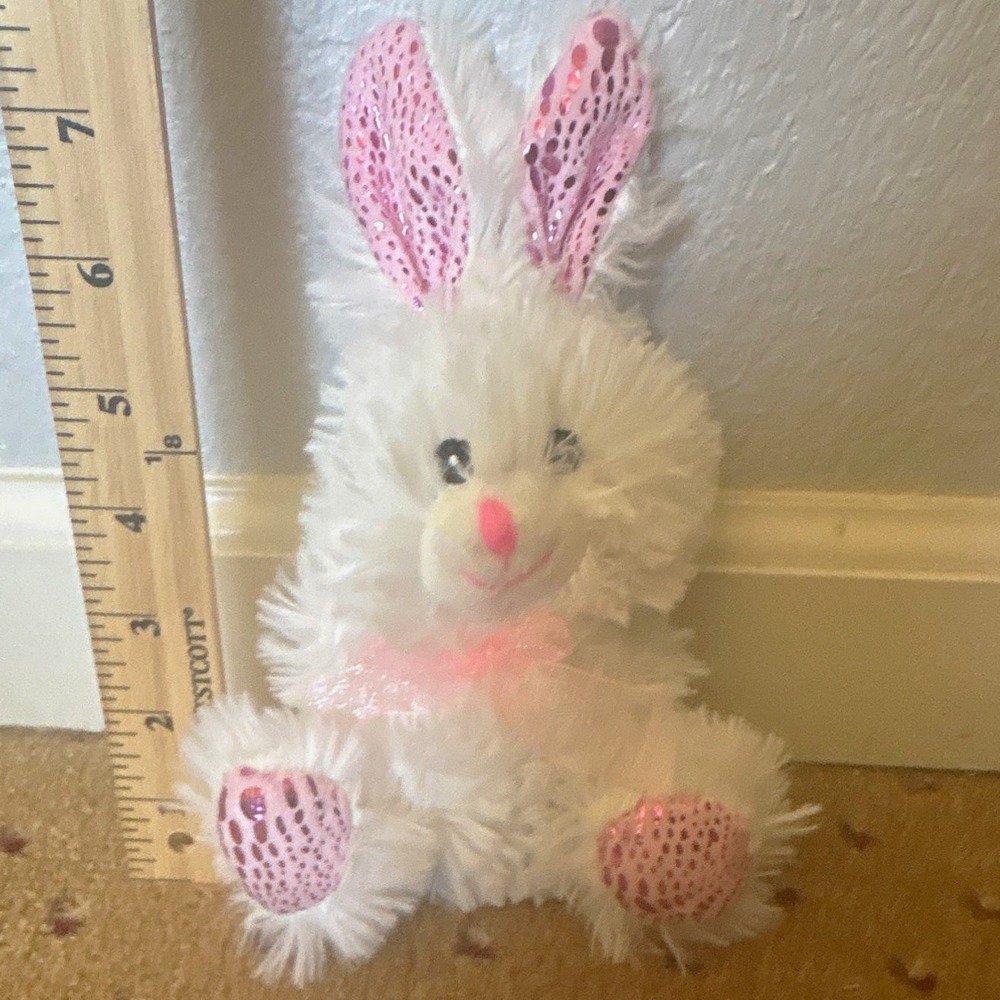 Unbranded White Bunny Rabbit Plush Stuffed Animal Pink Sequin Easter Small 7.5in